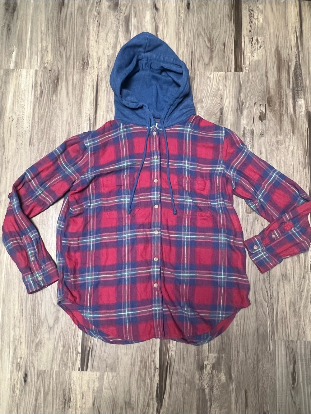 American Eagle Outfitters Distressed Hooded Plaid Flannel Shirt Women Size Small
